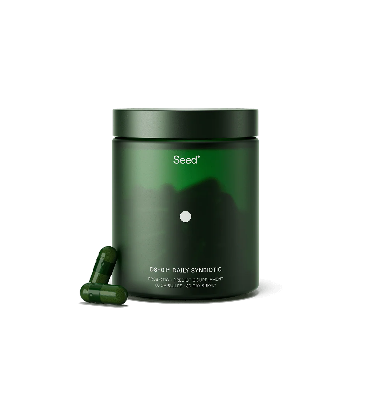 Green supplement jar with capsules on a white background