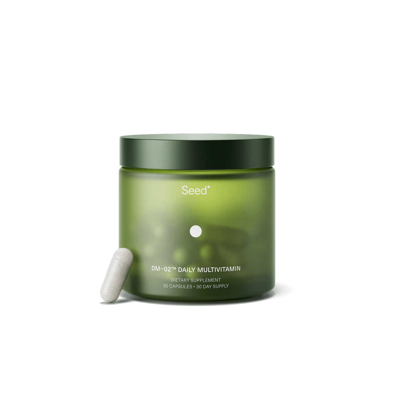 Green supplement jar with a white capsule on a white background